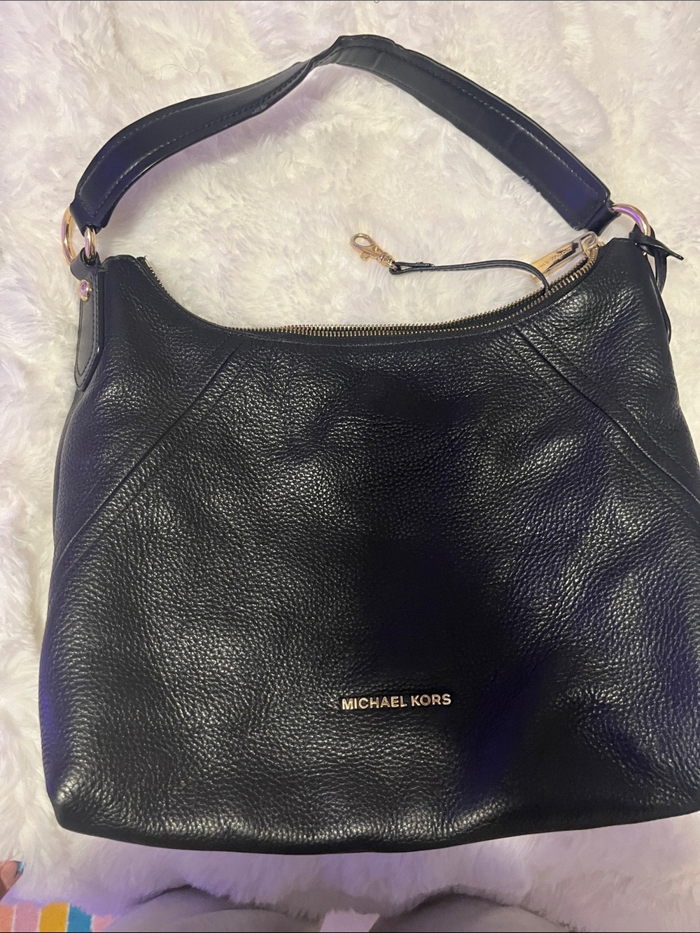 Michael Kors Black Pebbled Leather Shoulder Hobo with Gold Hardware